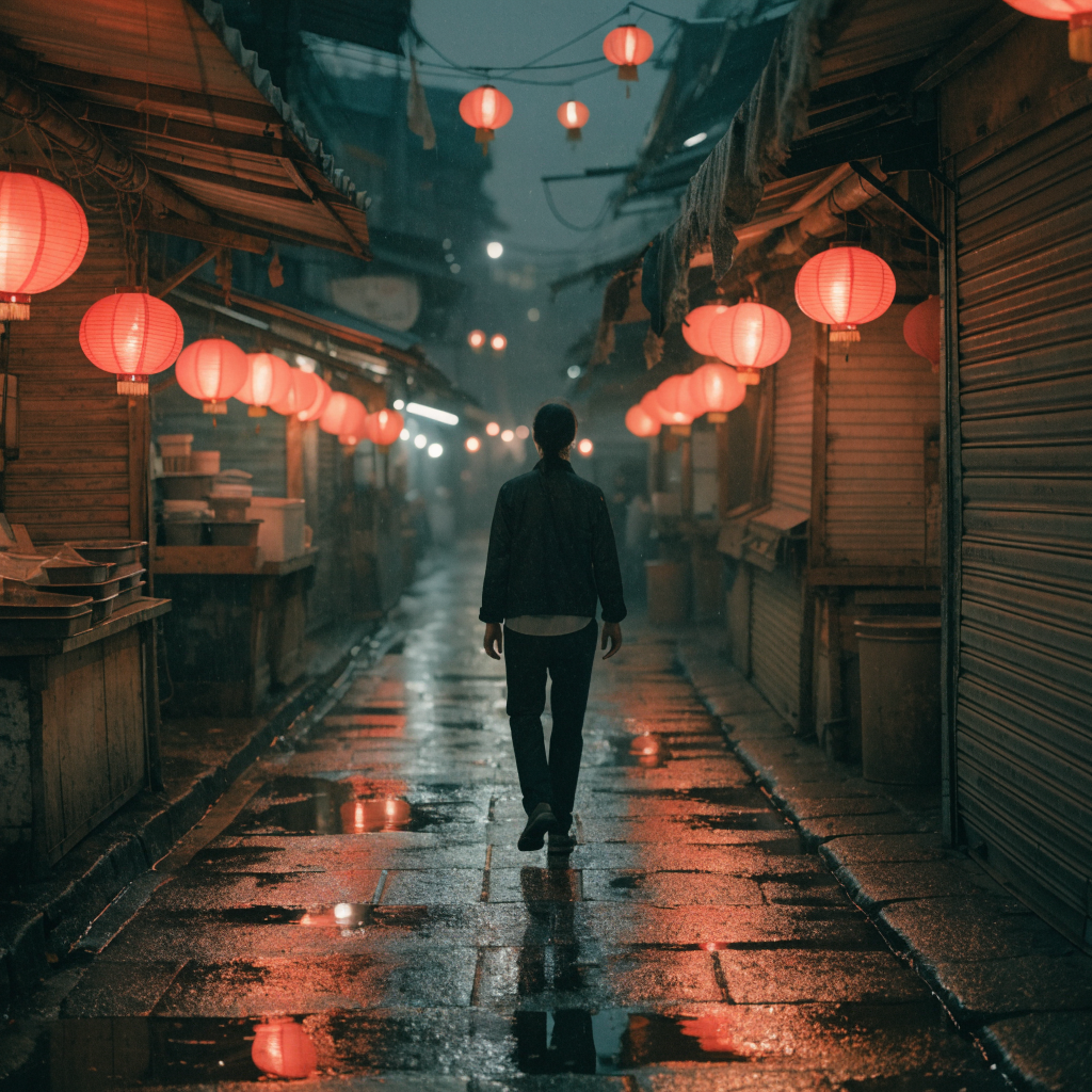 Recraft V4.1 Text-to-Image-Utility: A cinematic street scene of an adult walking alone through a quiet night market after closing, dim red lantern