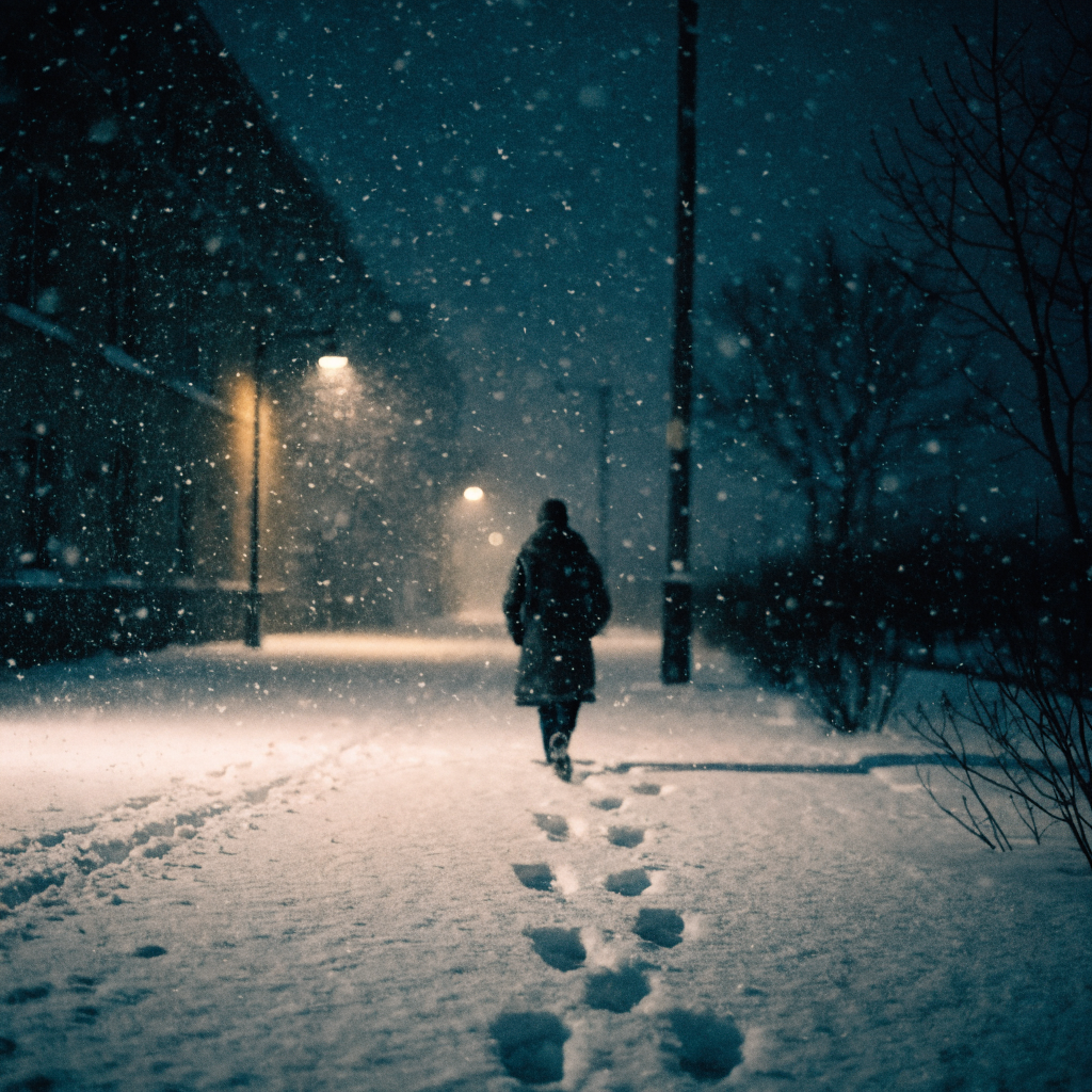 Recraft V4.1 Text-to-Image: A cinematic winter night scene of an adult walking alone down a quiet snowy street, dark coat, falling snow, s