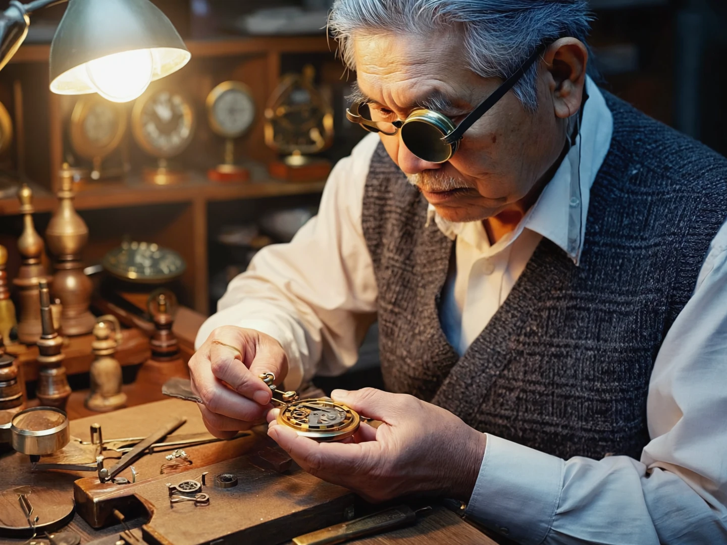 Gen4 Image: close-up photo of an elderly male watchmaker, his wrinkled face wearing a monocle loupe, intense focus in his