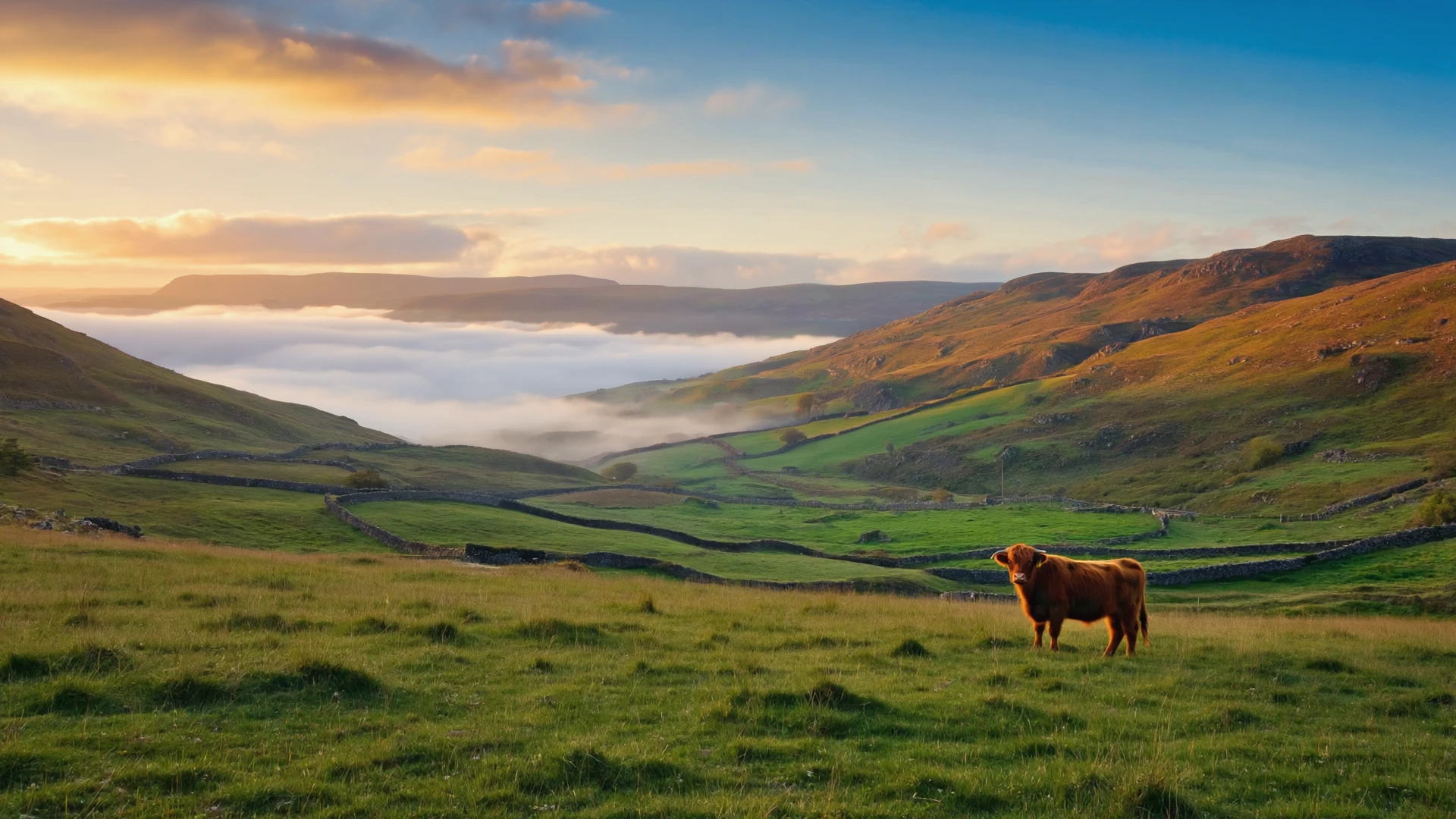 Gen4 Image: A photograph of the Scottish Highlands in the early morning, thick fog rolling over the green hills and ancien