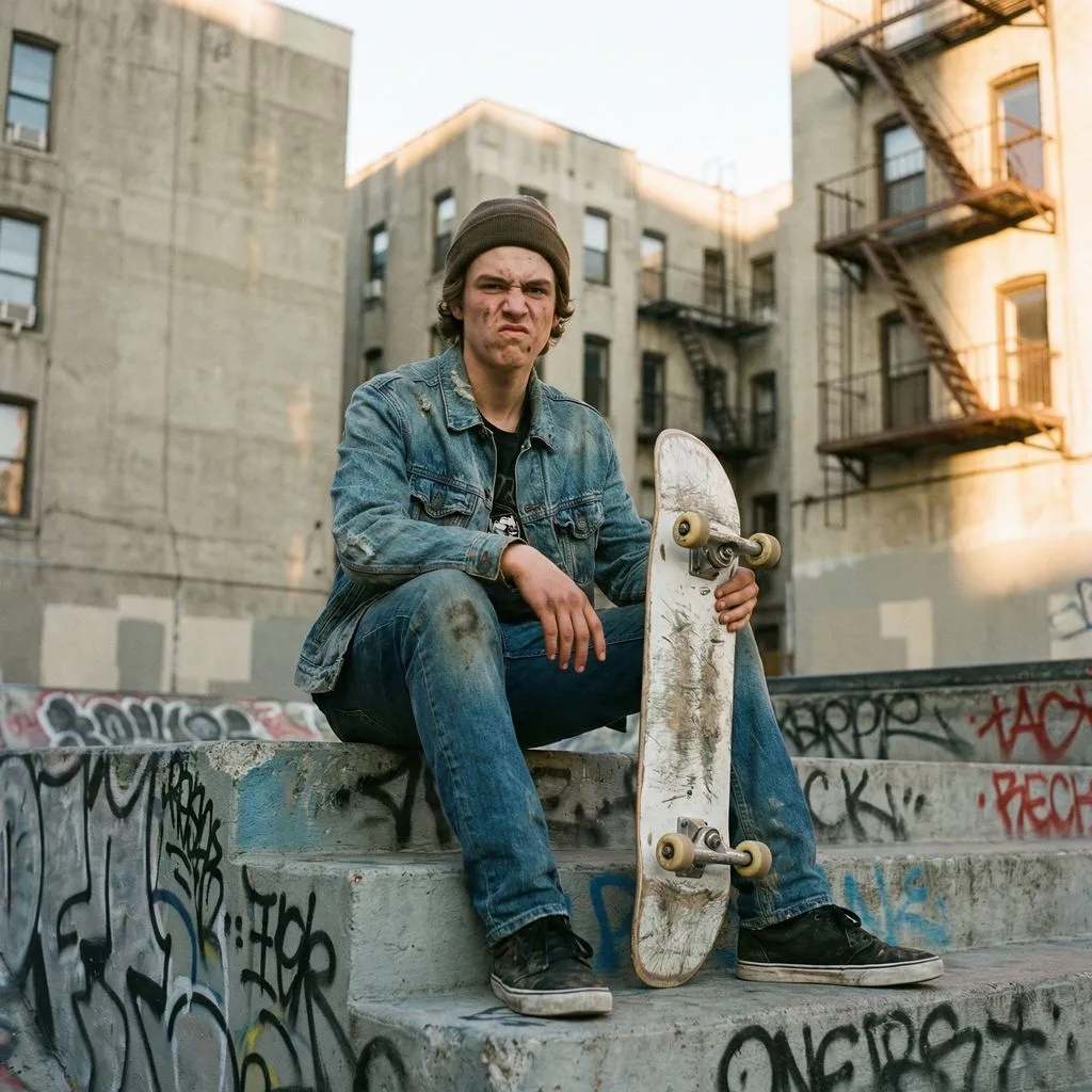 Riverflow 2.0 Pro Text-to-Image: A street portrait of a teenage skateboarder. Sitting on graffiti-covered steps holding his board, clothes slig