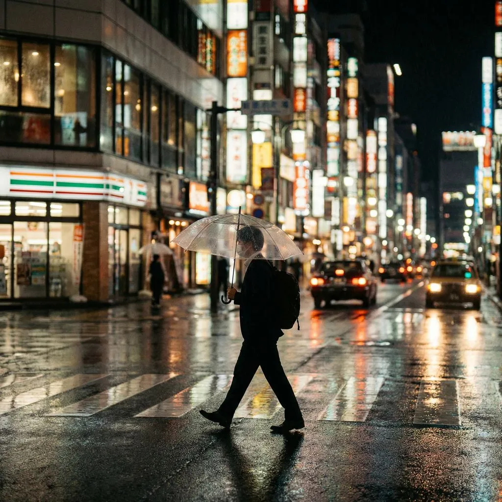 Riverflow 2.0 Pro Text-to-Image: A candid street photograph of rainy Tokyo night in Shinjuku, wet asphalt reflecting neon signs. A pedestrian h