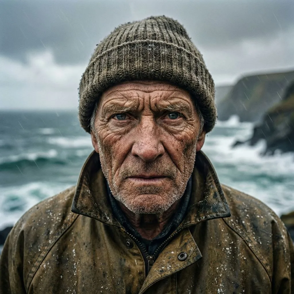 Riverflow 2.0 Pro Text-to-Image: A detailed close-up portrait of an old fisherman with weathered, wrinkled skin and determined eyes. Wearing a 