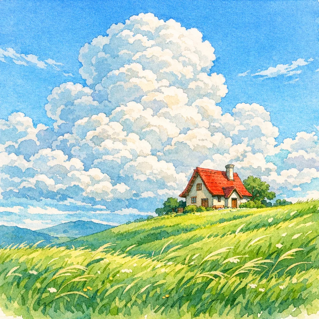 Riverflow 2.0 Pro Text-to-Image: Studio Ghibli inspired anime illustration. Green rolling hills with tall grass blowing in the gentle breeze. A