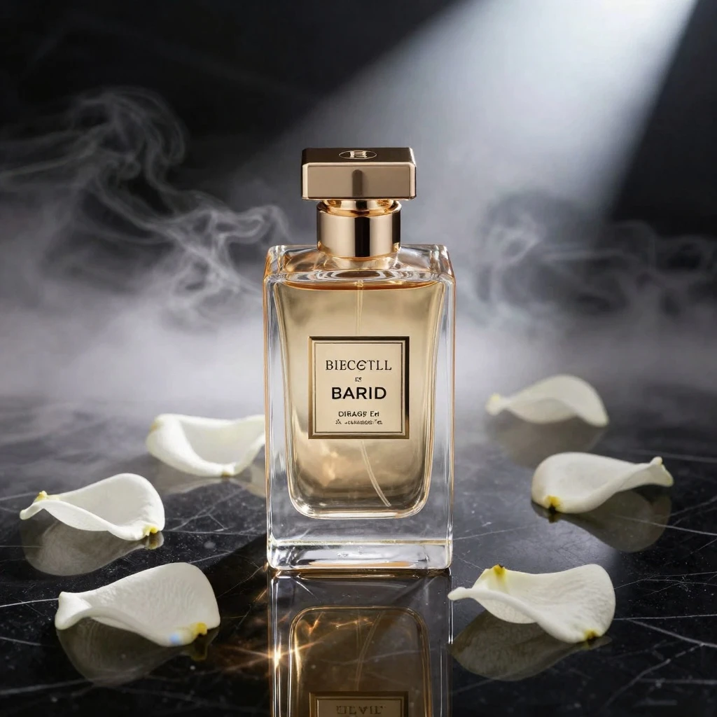 Q3 Ad: The perfume bottle remains centered while soft mist rolls across the black marble surface. Rose petals drift s