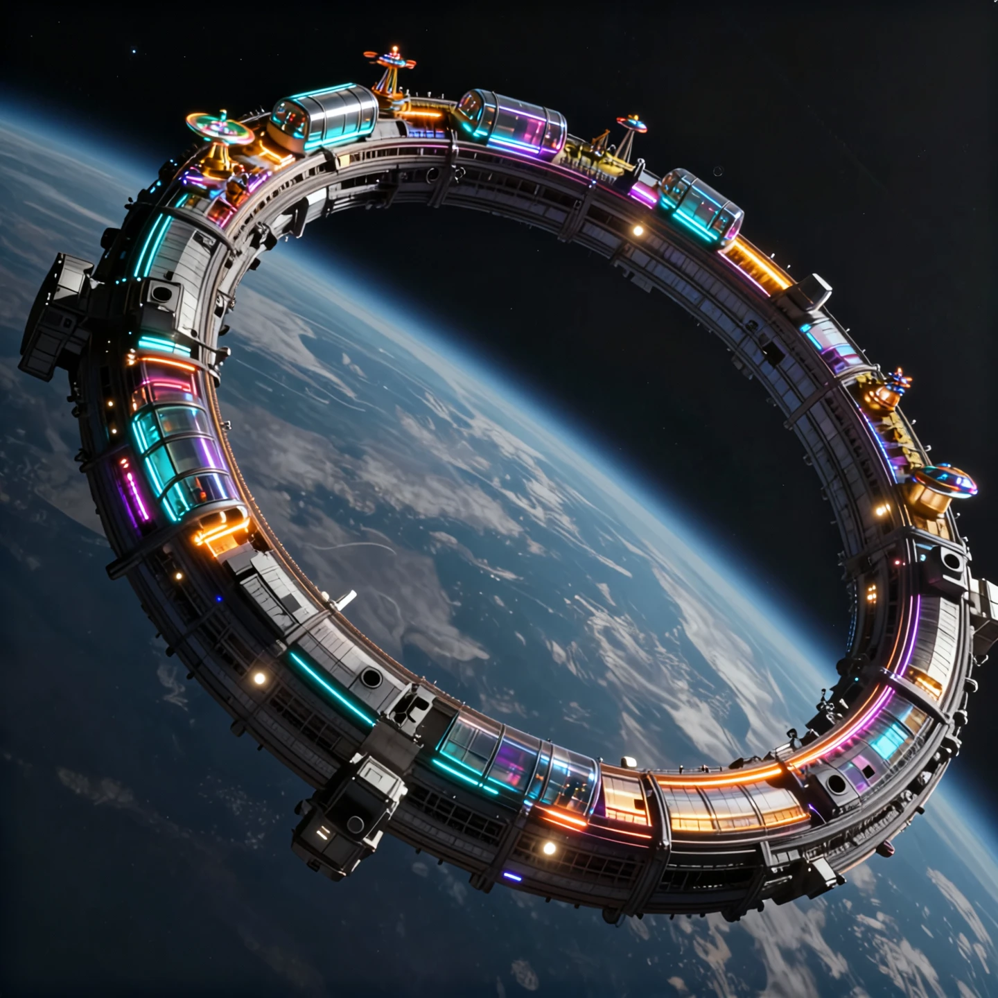 Reference To Image Q2: Cinematic sci-fi scene in orbit above Earth.
Use image1 as the reference for the overall composition: the curv