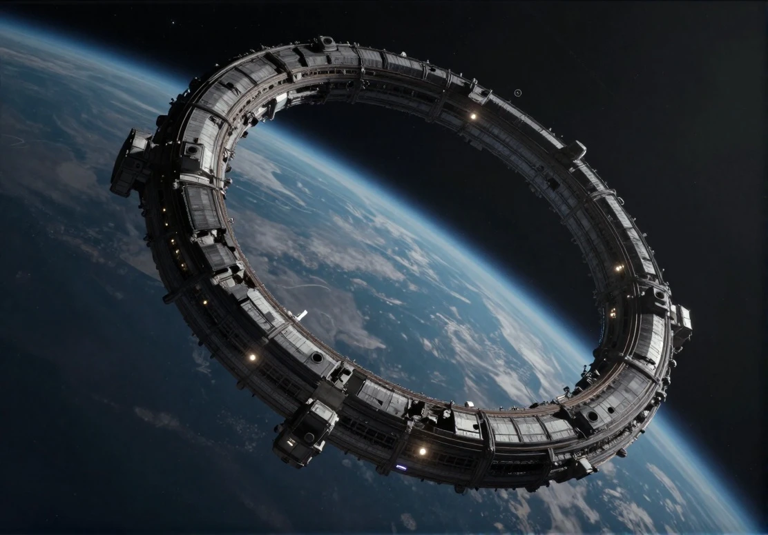 Reference To Image Q2: Cinematic sci-fi scene in orbit above Earth.
Use image1 as the reference for the overall composition: the curv