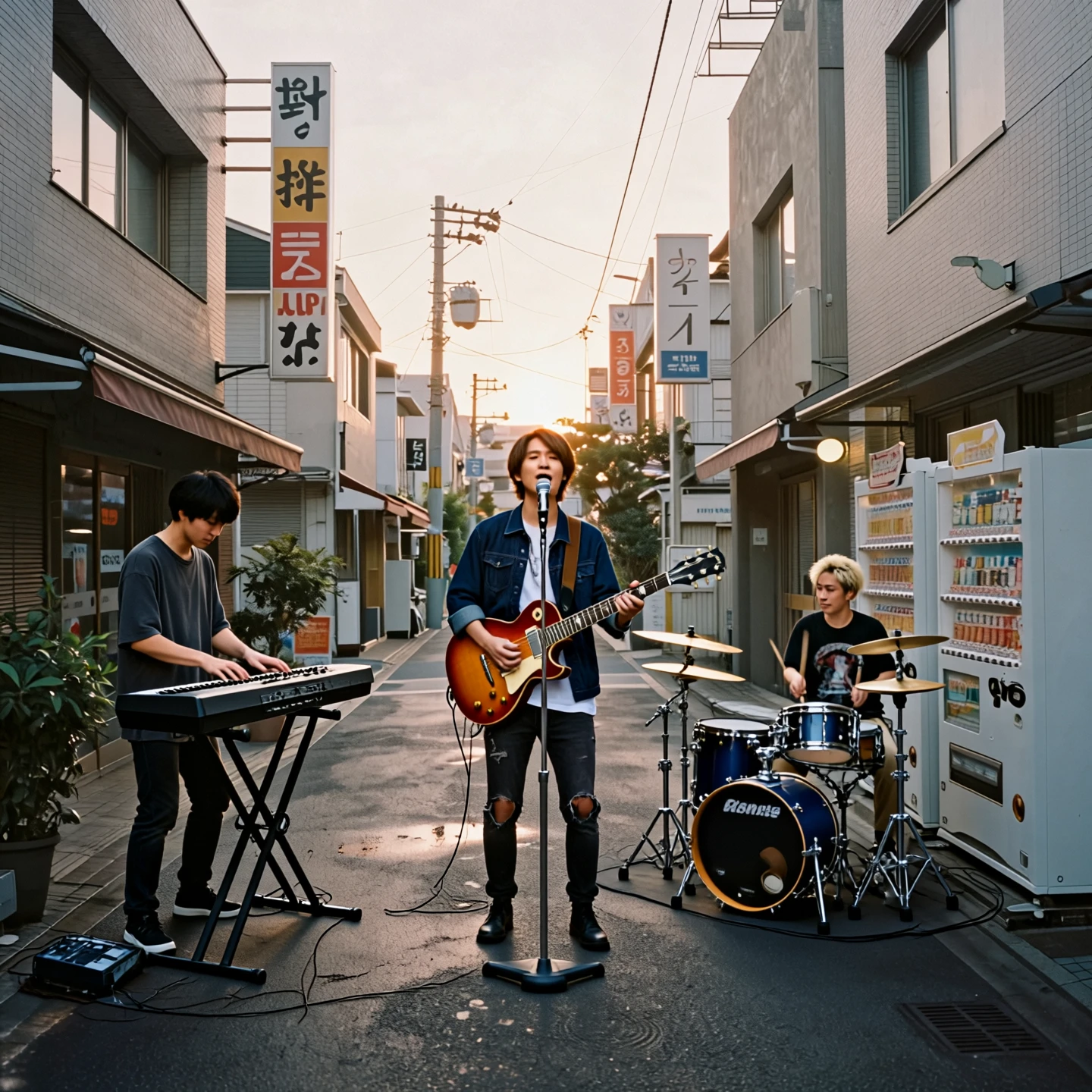 Reference To Image Q2: Realistic street photography in Japan at sunset, 35mm film look.
Use image1 as the reference for the alley: sa