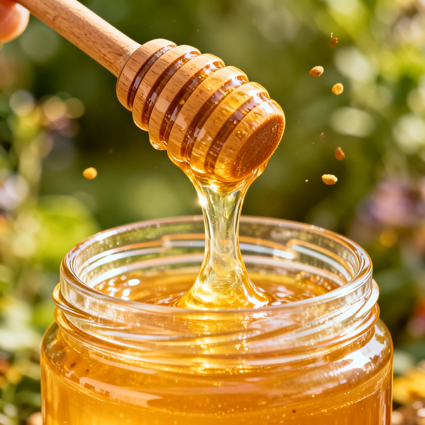 Text To Image Q2: Commercial food photography, extreme macro close-up. A wooden dipper pulling up thick, golden honey from a jar