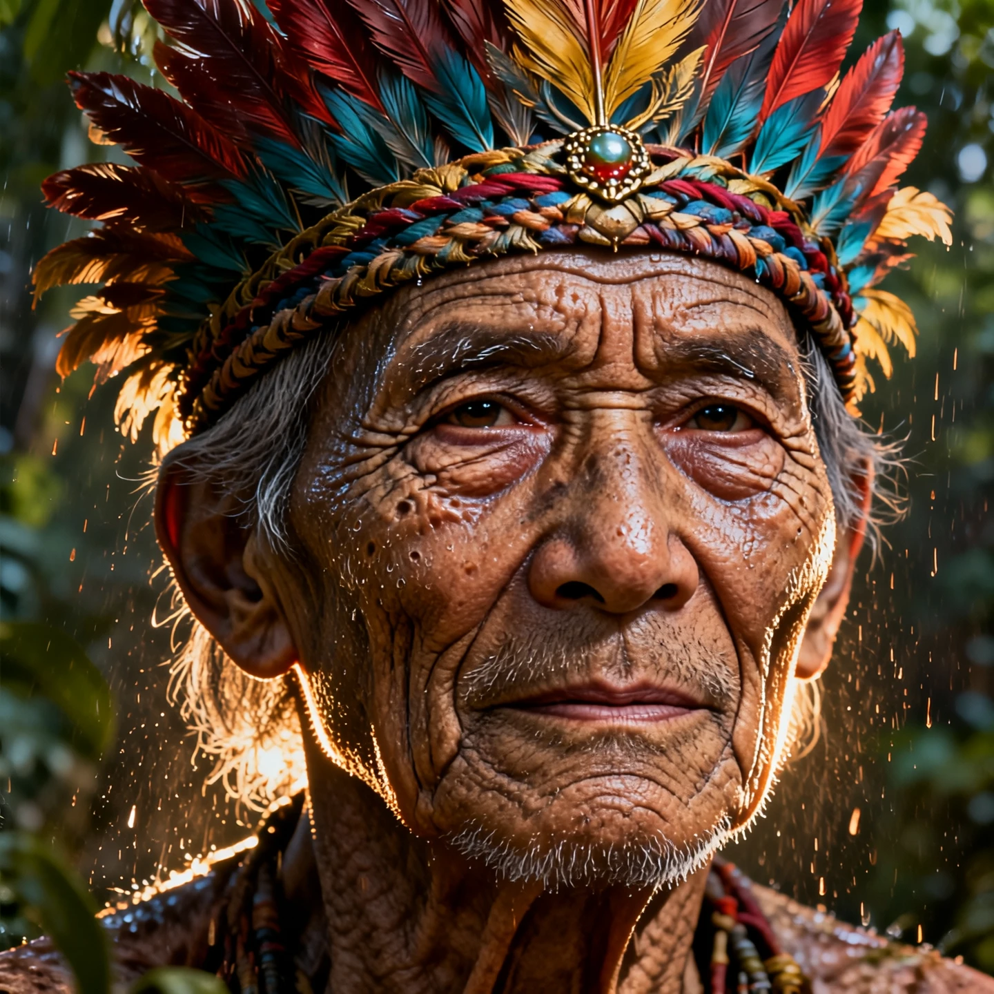 Text To Image Q2: Hyper-realistic portrait of an elderly tribal elder with weathered, leathery skin deep in a rainforest. Every 