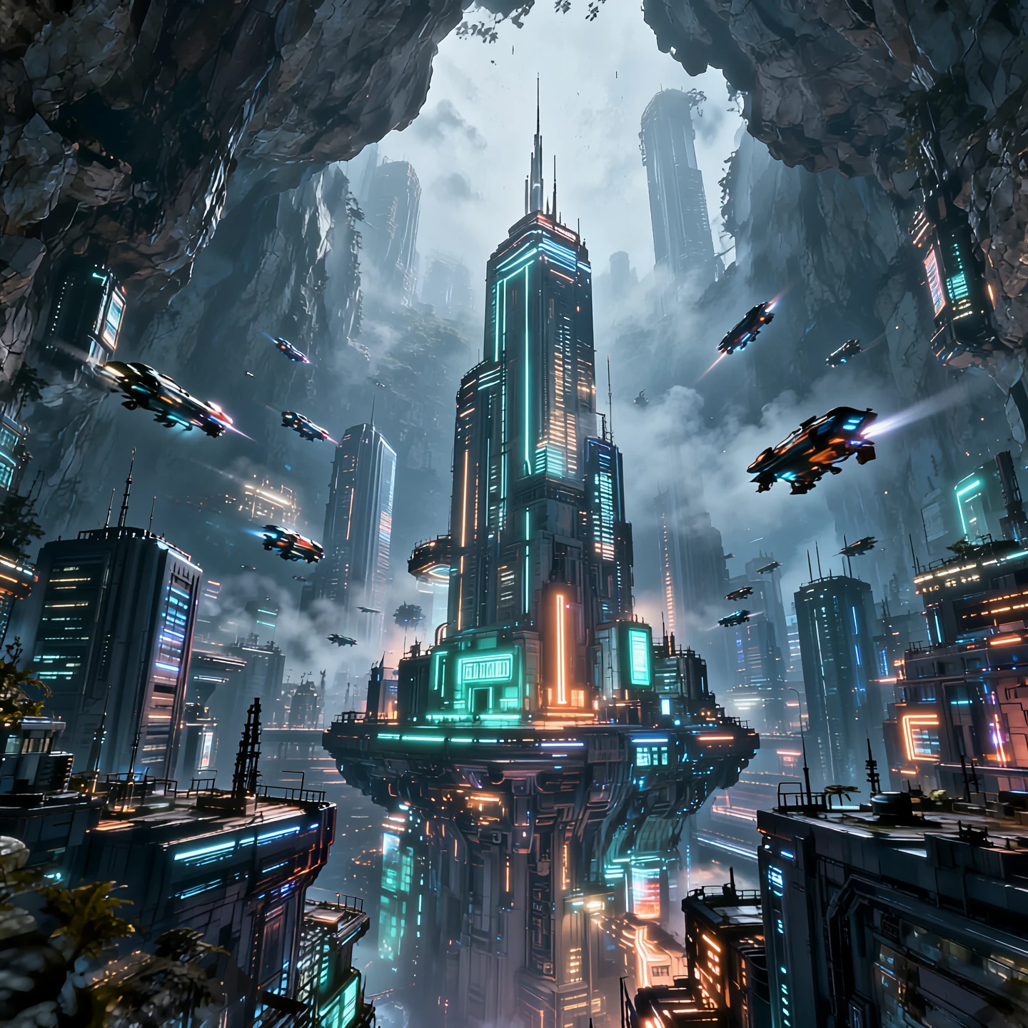Text To Image Q2: A futuristic cyberpunk megastructure city built vertically inside a massive cave system. Neon lights in teal a