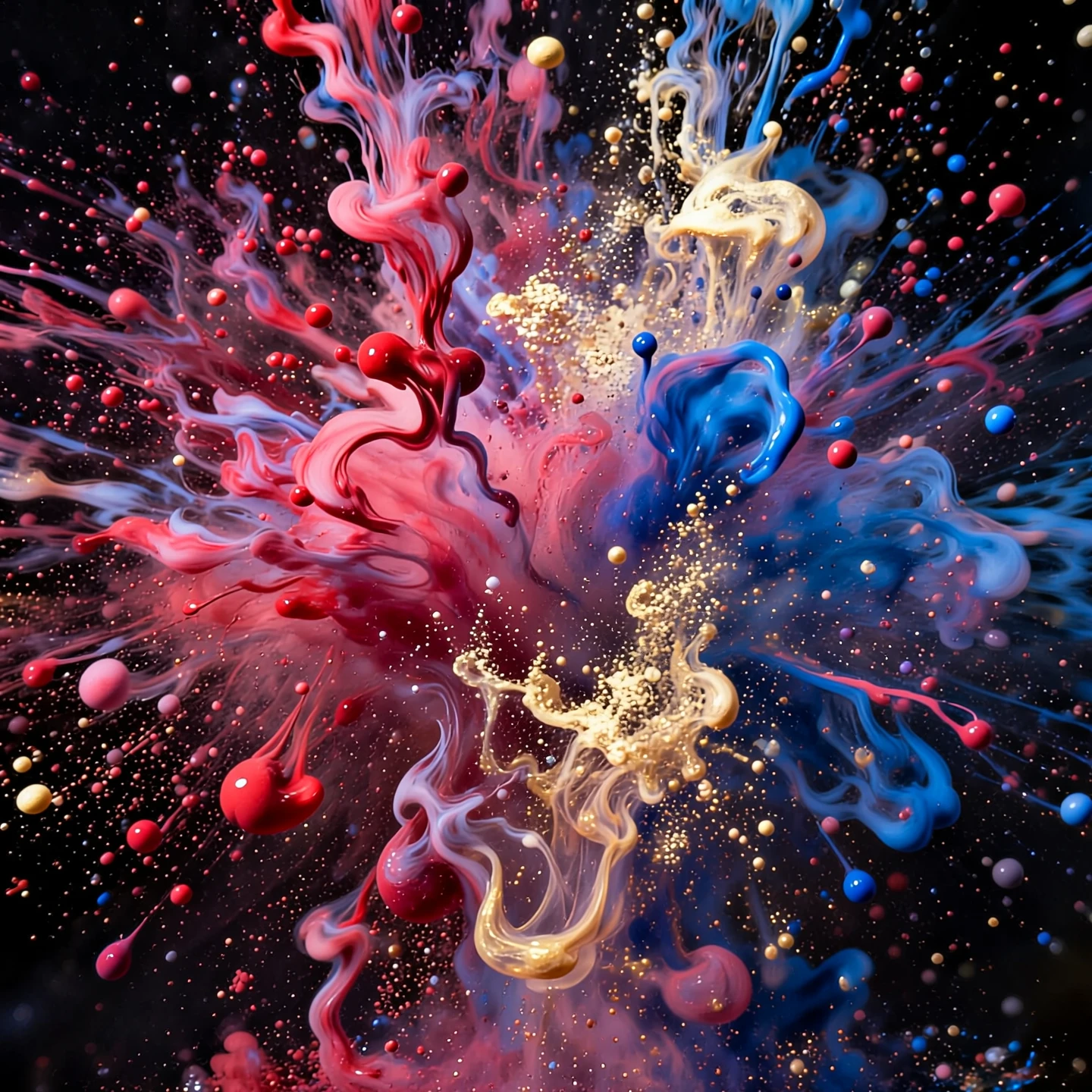 Text To Image Q2: High-speed photography of a colorful paint and powder explosion in a dark studio. Swirls of red, blue, and gol