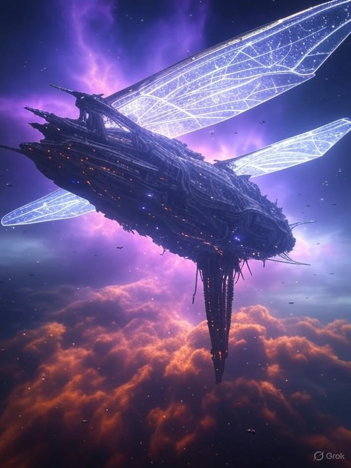 Grok 2 Image: Cinematic aerial shot of a colossal biomechanical city-ship drifting through a nebula at golden hour, intricat