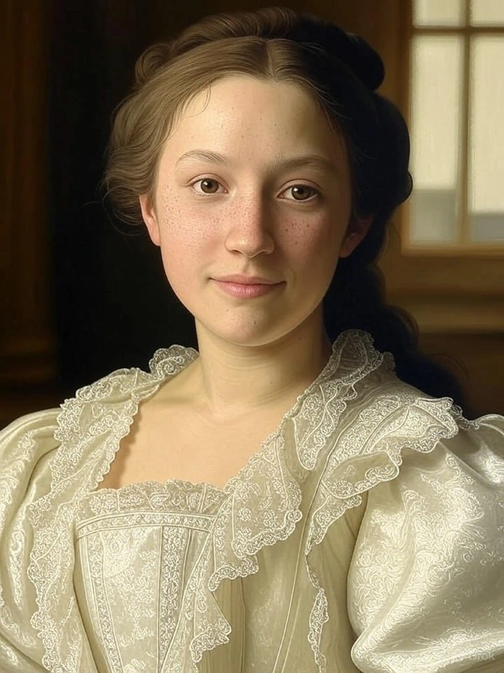 Grok 2 Image: Hyper-realistic classical oil painting portrait of a 24-year-old East Asian woman with porcelain skin and subt