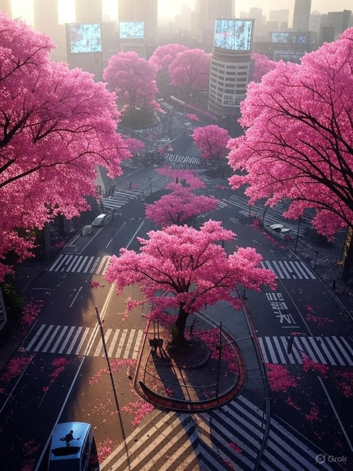 Grok 2 Image: Cinematic aerial view of a post-apocalyptic Tokyo at sunrise, overgrown with massive glowing cherry blossom tr