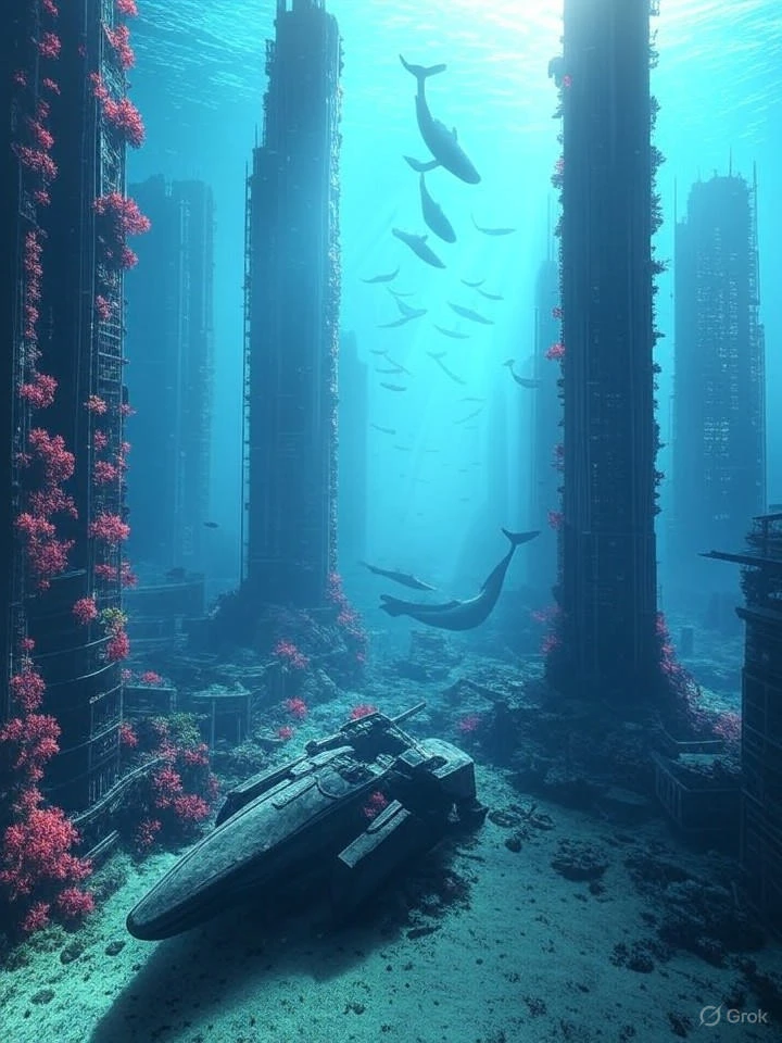 Grok 2 Image: Breathtaking underwater scene of an ancient sunken cyberpunk city, massive skyscrapers covered in coral and bi