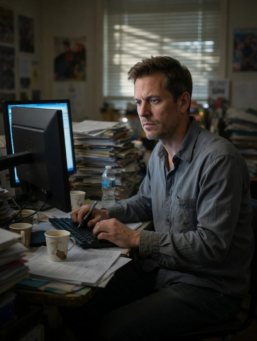 Grok Imagine Image Edit: Let the man in the Figure sits at a cluttered desk in a dimly lit office, surrounded by stacks of papers, half