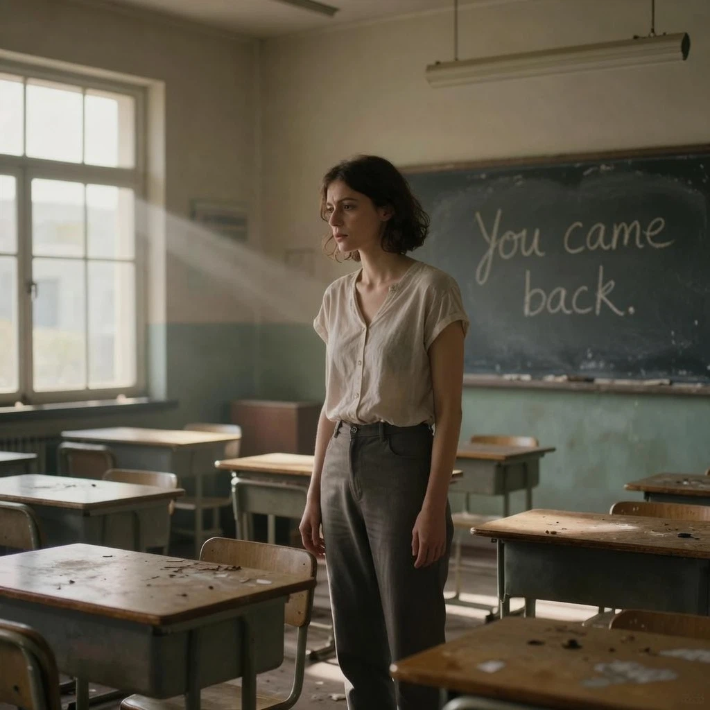 Grok Imagine Image Quality Edit: Add a faint handwritten chalk message on the old blackboard: “You came back.” Preserve the woman, classroom la