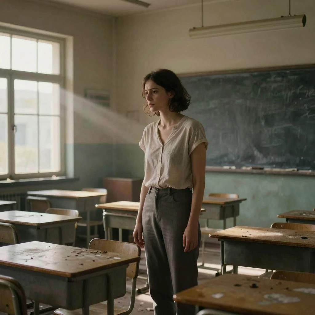 Grok Imagine Image Quality Edit: Add a faint handwritten chalk message on the old blackboard: “You came back.” Preserve the woman, classroom la