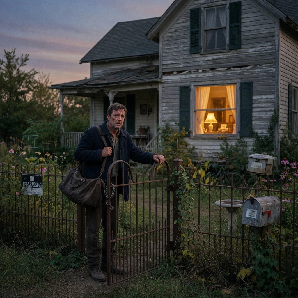Grok Imagine Image Quality Text-to-Image: A cinematic drama still of an adult man standing outside an old family house at dusk, one warm window light gl