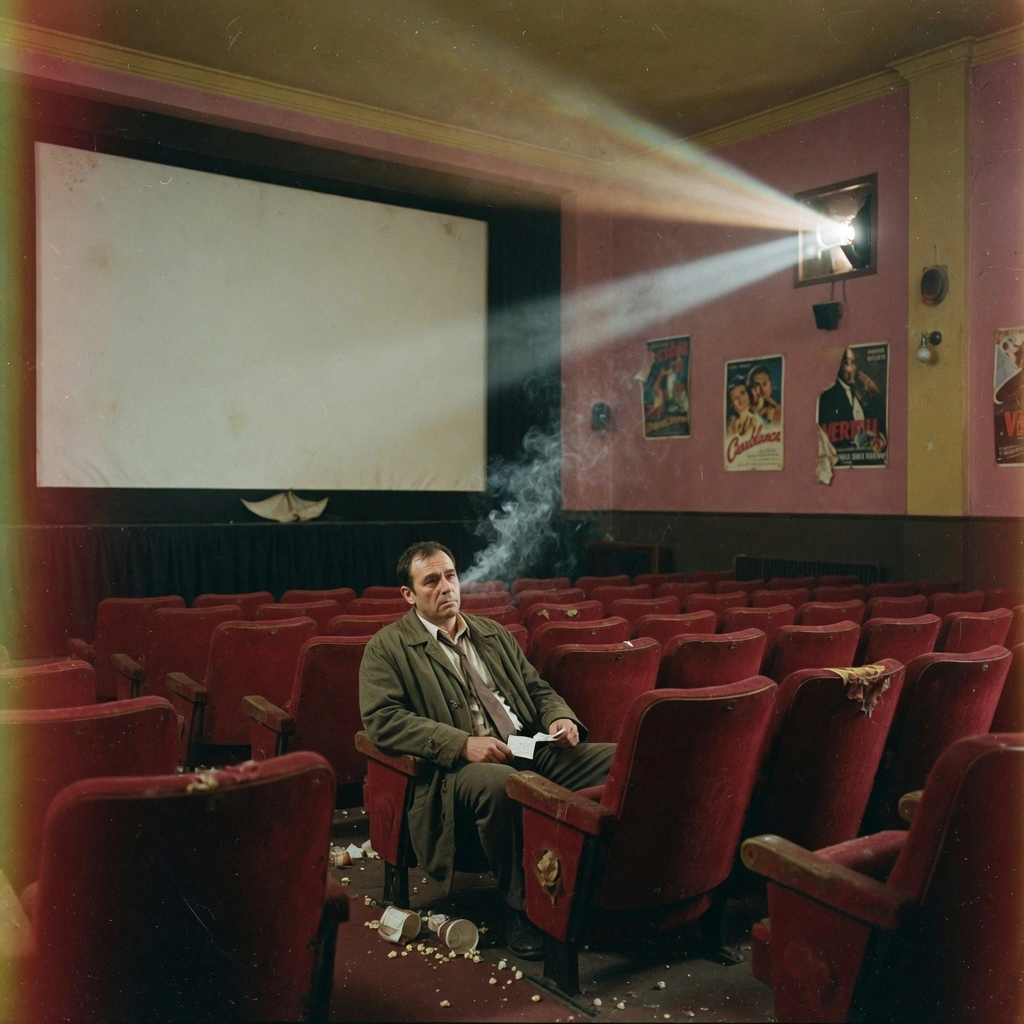Grok Imagine Image Quality Text-to-Image: A nostalgic cinematic still of an adult man sitting alone in an old empty cinema, red velvet seats, dusty proj