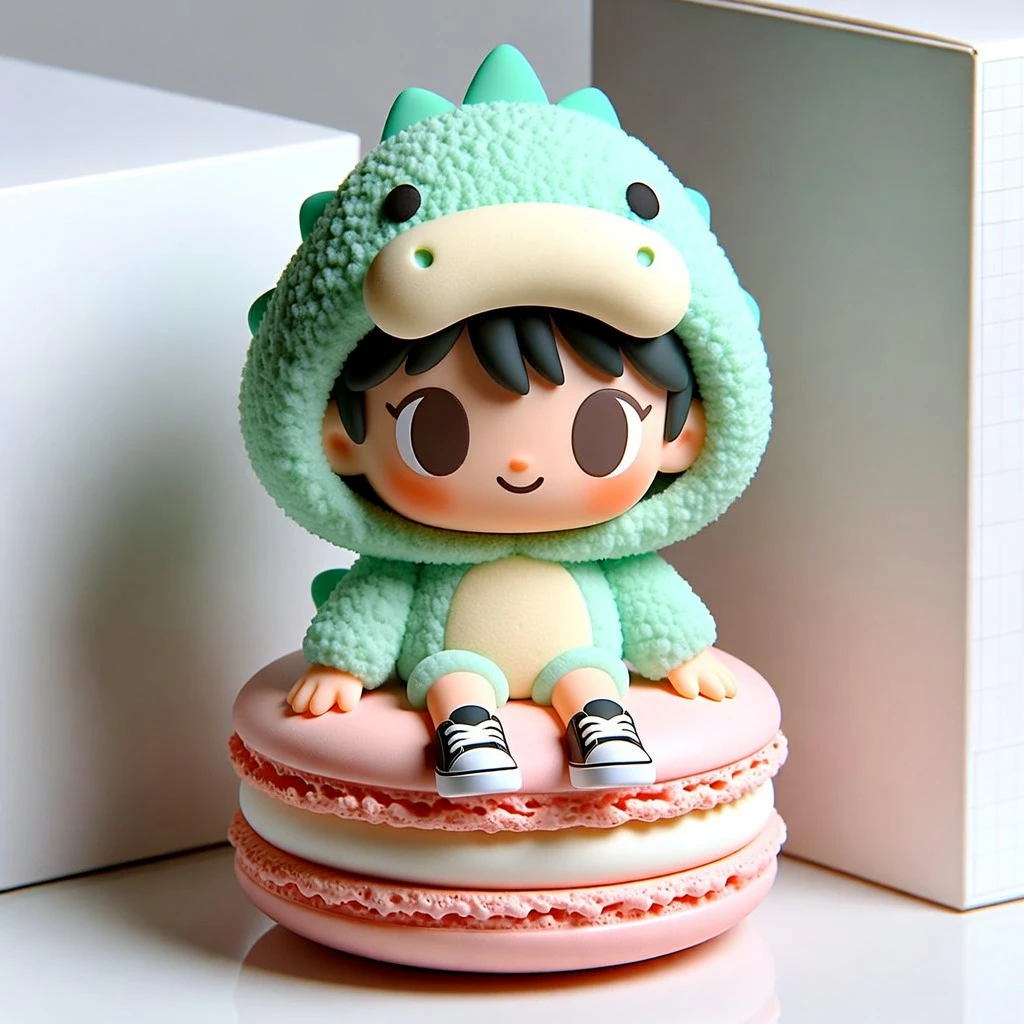 Grok Imagine Image Text-to-Image: 3D character design, blind box toy style. A cute chibi girl wearing a fluffy dinosaur hoodie and oversized sne