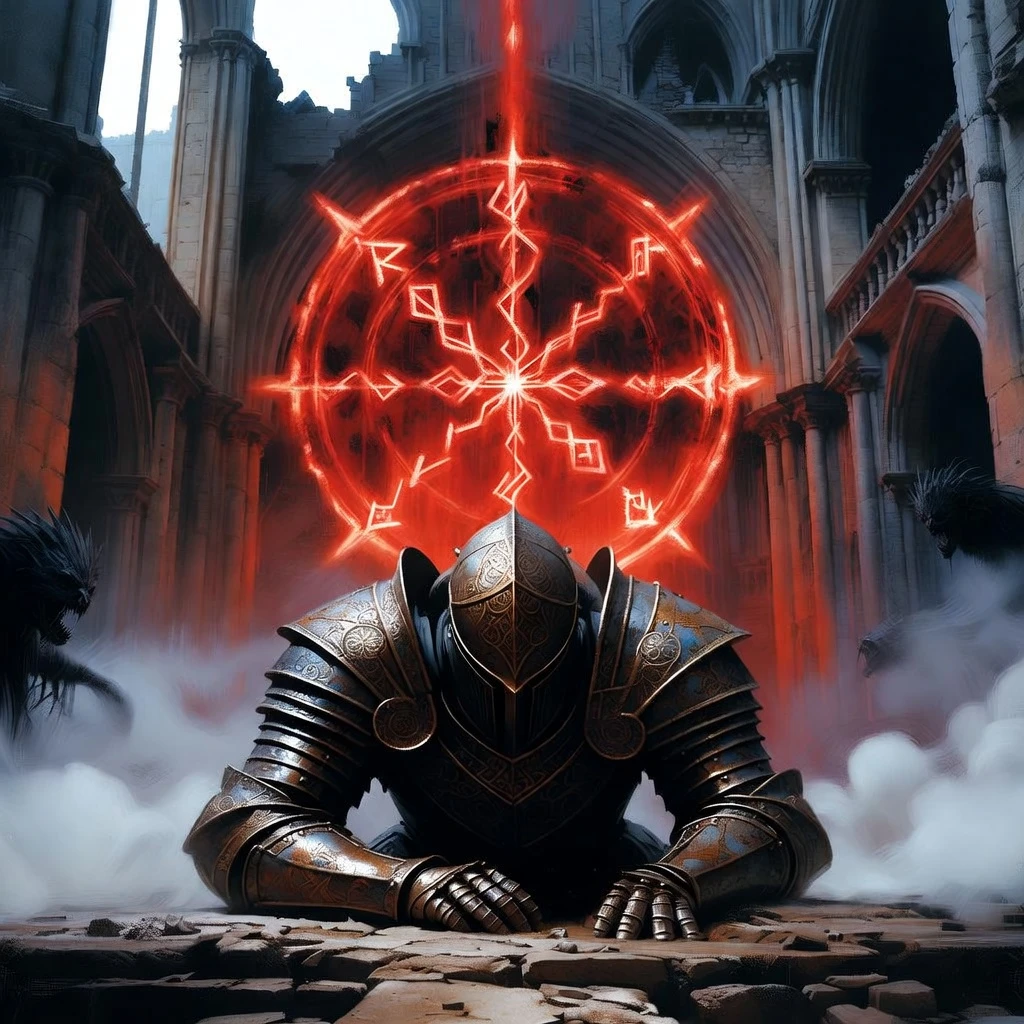 Grok Imagine Image Text-to-Image: Dark fantasy concept art. A fallen knight in rusted, ornate armor kneeling in a ruined gothic cathedral. A mas