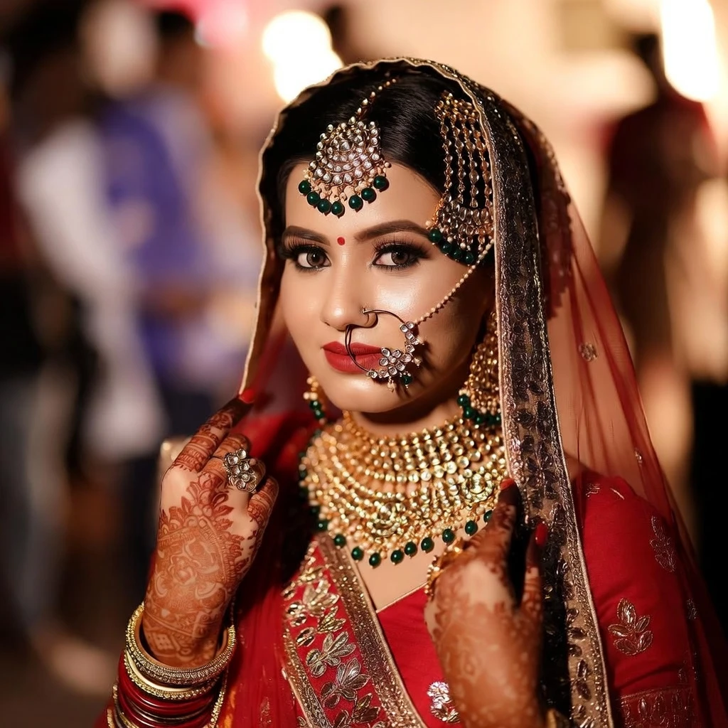 Grok Imagine Image Text-to-Image: Cinematic portrait of a stunning Indian woman in a traditional red Saree with gold embroidery. She is wearing 