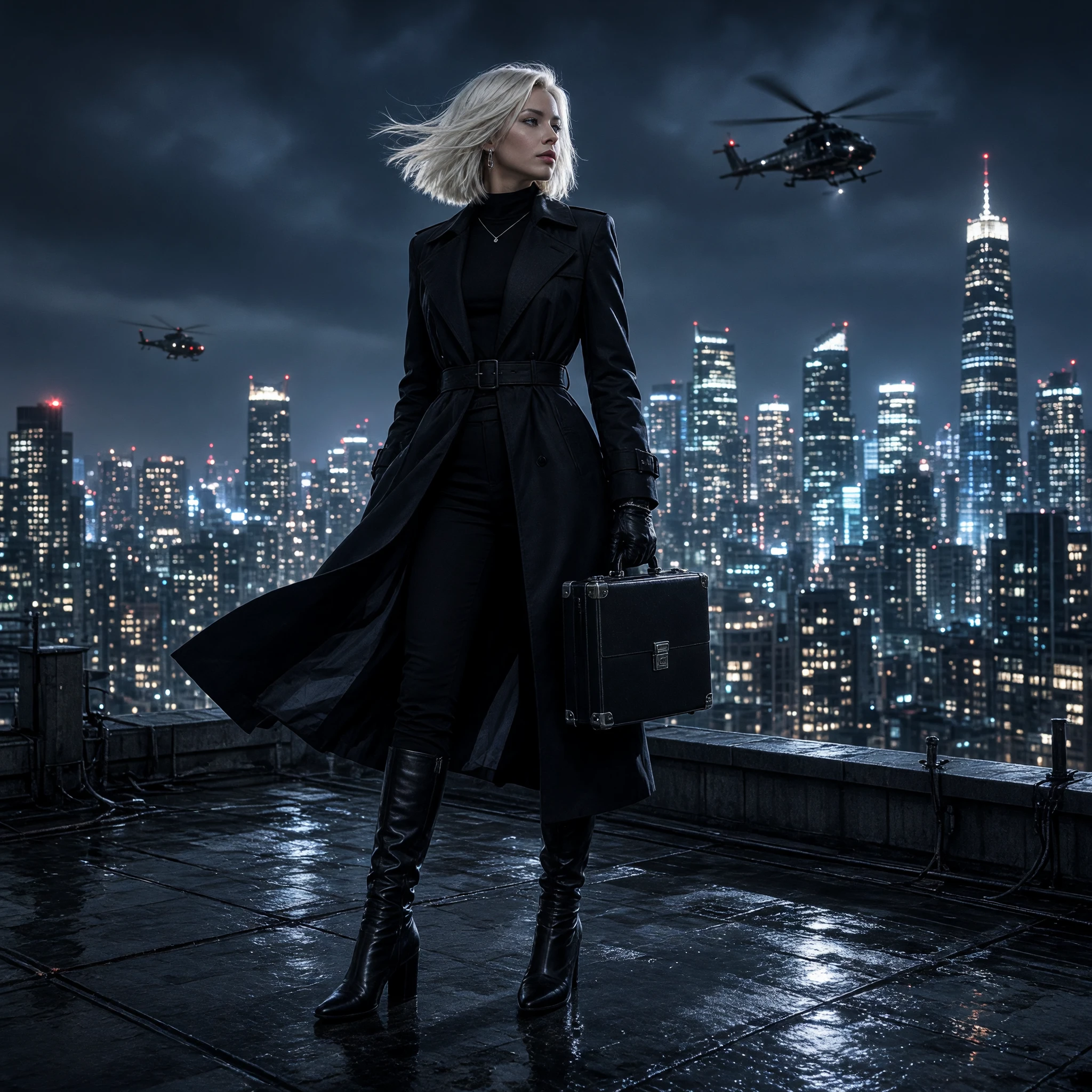 x-ai/grok-imagine-image-v2.0/text-to-image: A stylish young foreign woman with platinum blonde bob hair standing on a rooftop overlooking a modern city at