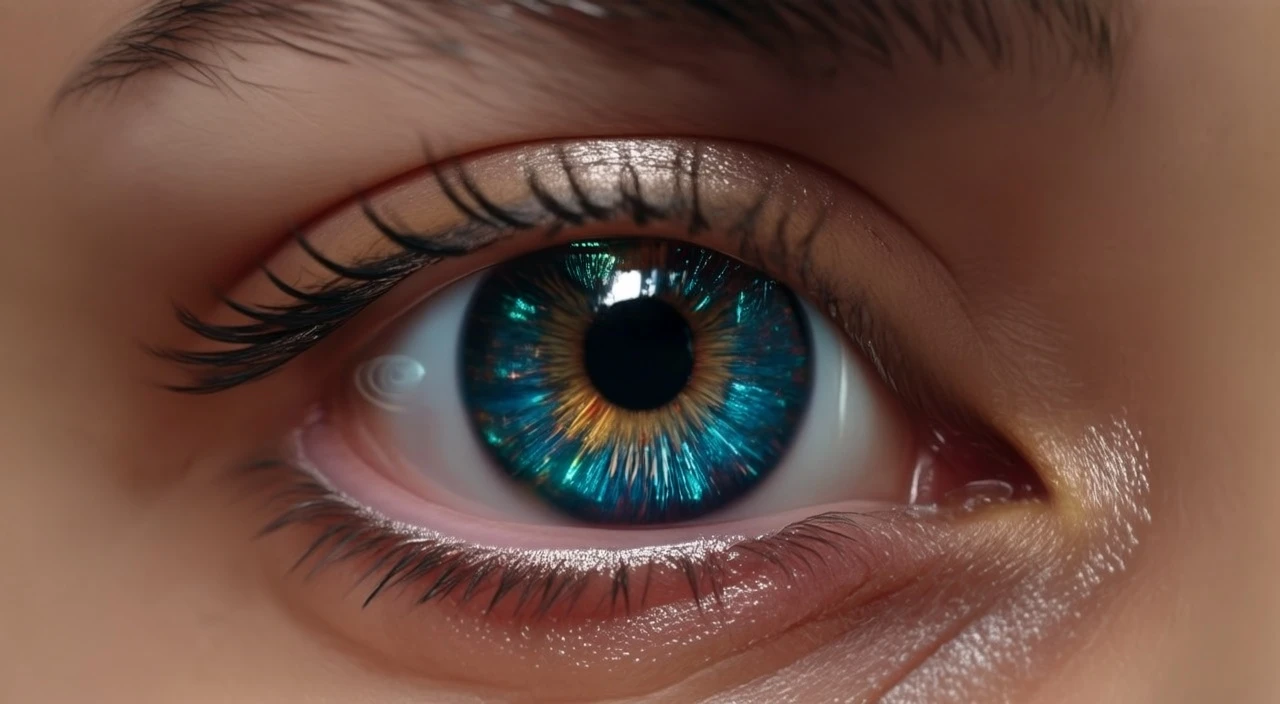 Glm Image Text-to-Image: Futuristic eye close-up, glowing reflections in the iris, subtle cyberpunk elements, dark background, ultra-de