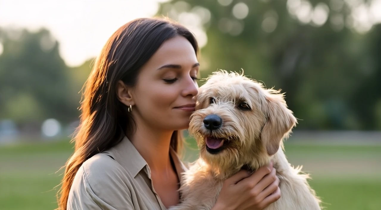 Glm Image Text-to-Image: Cozy outdoor lifestyle scene with a person holding a small dog, warm and intimate interaction between the pers